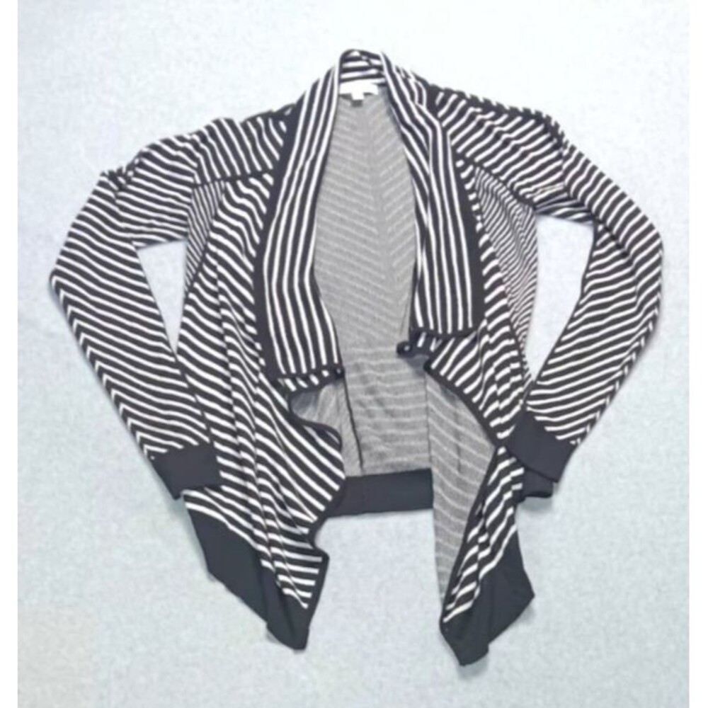 Foxcroft Open Front Knit Waterfall Cardigan S Black White Striped Preppy Classic
